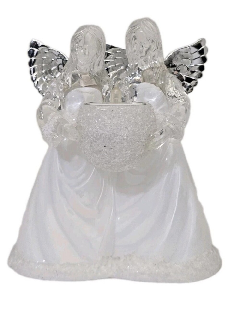 vintage Tealight Candle Holder Two Angels Acrylic Textured Seasonal Decor White